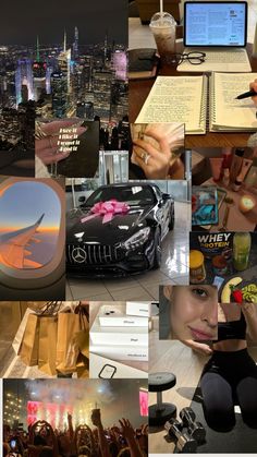 a collage of photos with various items in the middle and people writing on them