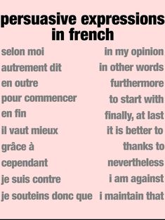 a pink poster with words in french on it that say persuasive expressions in french