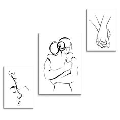 three black and white drawings of two people holding each other's hand, one with a baby in it