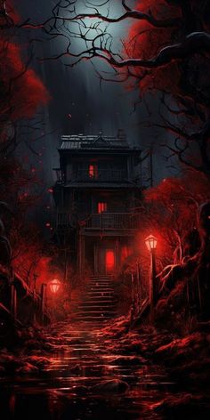 a creepy house in the woods at night with red light coming from it's windows