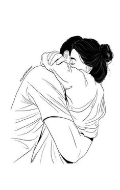 a black and white drawing of a woman hugging someone