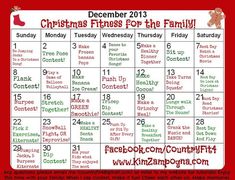 a calendar with the words christmas fitness for the family