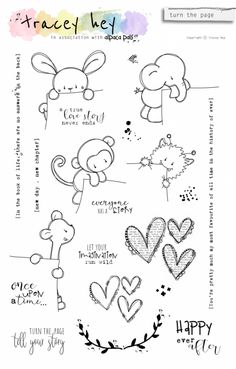 the stamp set is designed to look like it has hearts and animals on it, with words