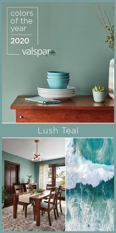 the color scheme for this dining room is blue and green, with white waves in it