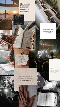 a collage of images with the words jesus written on them and pictures of people holding hands