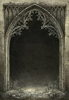 an old drawing of a gothic arch with vines and leaves on the outside, against a dark background