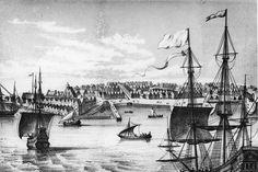 an old black and white drawing of ships in the water