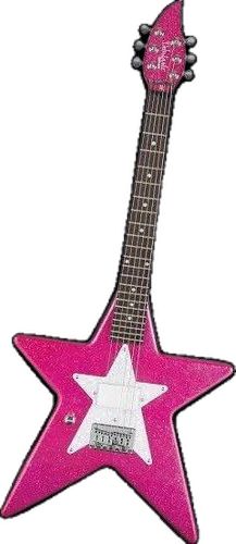 a pink and white guitar shaped ornament with a star on the top that says,