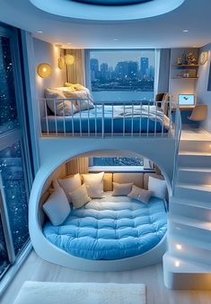 this is a bedroom with stairs leading up to the second floor and a bed in the middle