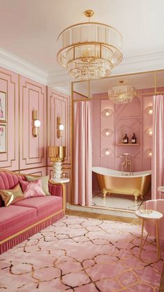 a pink and gold bathroom with a tub, chandelier, rug and couch