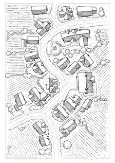 a black and white drawing of an aerial view of a town with lots of buildings