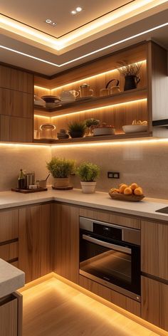 a modern kitchen with wooden cabinets and white counter tops, lighting up the shelves above