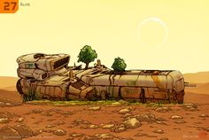 an old tank sitting in the middle of a desert area with trees on top of it