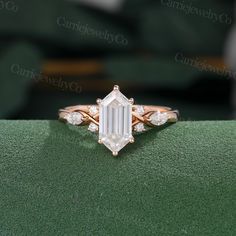 Elongated Hexagon cut moissanite engagement ring Unique Solid Rose gold engagement ring Cluster Diamond Art deco Bridal Promise Anniversary ring for women ◆ Item specifications: - Center stone: moissanite - Stone size & Shaped: 5*10mm & Elongated Hexagon  - Color: G-H - Clarity: SI-VS - Side stones: moissanite/diamond   0.2ct - Band width*thickness: 1.8*1.2mm - Metal: 14/18k rose/white/yellow gold - Ring size: optional ◆ Production and transportation: It usually takes 2-3 weeks of production tim Engagement Ring Cluster, Hexagon Engagement Ring, Hexagonal Ring, Ring Cluster, Rose Gold Engagement, Art Deco Engagement Ring, Gold Engagement Ring, Rose Gold Engagement Ring, Gold Engagement