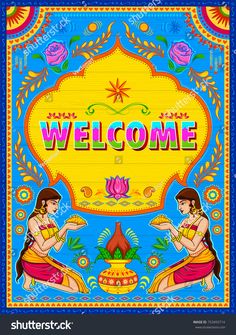 illustration of colorful welcome banner in truck art kitsch style of India #Ad , #ad, #banner#truck#illustration#colorful Chumbak Art, Welcome Illustration, Sangeet Stage, Funky Letters, India Illustration, Truck Illustration, Painting Lettering