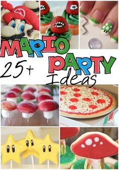 mario party ideas for kids and adults to enjoy in the day time, including pizzas, watermelon pops, cupcakes