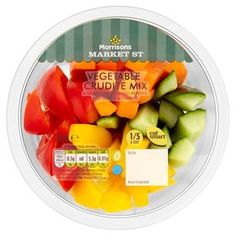 sliced vegetables in a plastic container with labels on the front and side, including tomatoes, cucumbers, oranges, and bell peppers