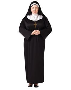 a woman wearing a nun costume standing in front of a white background with her hands folded