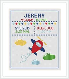 a cross stitch pattern for a baby's birth with a rocket and stars on it