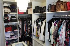 an organized closet with clothes, handbags and purses