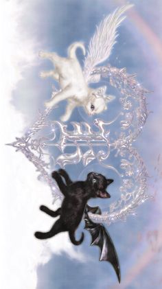 two cats are flying in the sky with an angel and demon on it's back