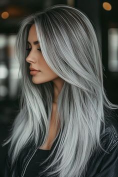 #BEAUTY ,#REALATIONSHIPS #Fashion #Outfits #Winter Outfits #Animals Silver Grey Ombre Hair, Black White Hair Color, Silver Hair Balayage, Black Hair Silver Highlights, Highlights For Long Hair, Silver Ombre Hair, Long Grey Hair, Dark Grey Hair, Long Silver Hair