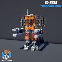 an orange and white robot is standing in front of a gray background with the caption'ei - 5888 powered work loader '