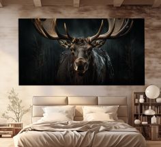 Large Moose Canvas Print, Mystical Animals Wall Art, Elk Painting, Animals Wall Decor, Elk Poster - Etsy Elk Painting, Deer Antler Ideas, Antler Ideas, Painting Animals, Mystical Animals, Bull Elk, Animal Wall Decor, Deer Antler, Animal Wall Art