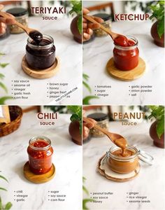 the steps to making homemade peanut butter and jelly sauce in jars with wooden spoons