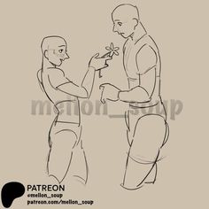 a drawing of two people standing next to each other, one holding something in his hand