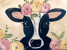 a painting of a cow with flowers on it's head