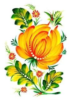 an orange flower with green leaves and red flowers on the bottom half of its petals