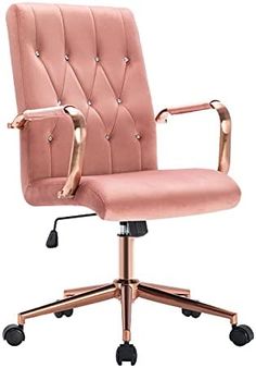 a pink office chair with wheels on the back and armrests, in front of a white background