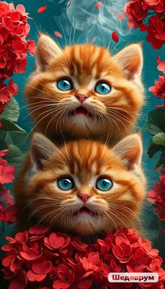 two orange kittens with blue eyes are surrounded by red flowers