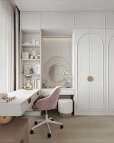 a white desk and chair in a room