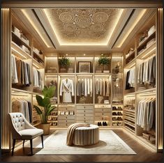 a walk in closet with lots of clothes and shoes on the shelves next to a white chair