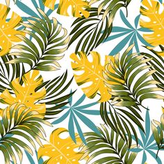 an image of tropical leaves in yellow and green colors on a white background, seamless