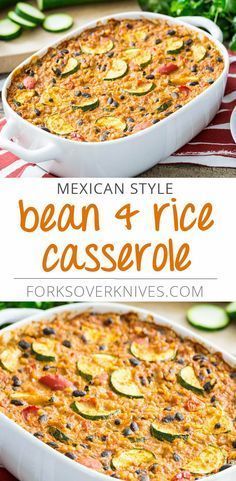 mexican style bean and rice casserole with zucchini in the middle is shown