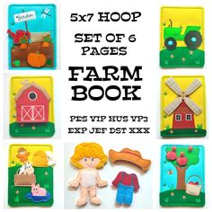 These are embroidery designs to make quiet book on embroidery machine ITH. In the hoop quiet book pattern. Complete Farm book - SET of 6 pages - 5x7" or 13x18cm. This series includes * barn * windmill * garden * orchard * tractor * scarecrow field * farm animal finger puppets * separate farmer doll with an outfit  Activities of the book include buttoning, velcro, roleplay, finger puppets etc. THIS IS A LISTING FOR DIGITAL FILES --This is NOT a Finished Product-- --This is a Digital File for Mach Farm Quiet Book, Garden Orchard, Quiet Book Pattern, Book Embroidery, Farm Books, Book Pattern, Ith Machine Embroidery, Quiet Book Patterns, Toddler Quiet Book