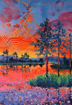 an oil painting of trees and water at sunset with colorful clouds in the sky above