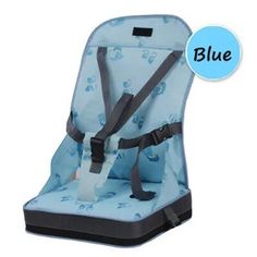 a baby seat that has blue and black straps on it, with the word blue in front of it