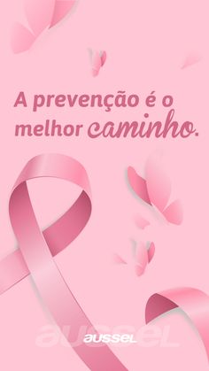 a pink ribbon with butterflies on it and the words, a prevengo e o mel