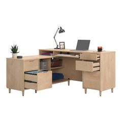 an office desk with drawers and a laptop on it