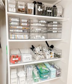 an organized pantry with clear bins and lots of items on the shelves in it