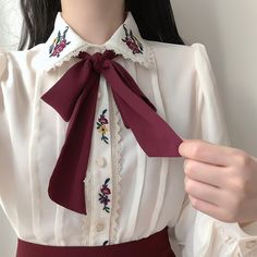 Celestia Vintage-Aesthetic Flower Embroidered Cottagecore Chiffon Shirt Edwardian Blouse, Victorian Blouse, Bow Tie Blouse, Mori Girl Fashion, Gorgeous Blouses, Cottagecore Fashion, Embroidered Chiffon, Retro Pin Up, Basic Wear