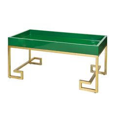 a green table with gold legs and a metal frame on the bottom, against a white background