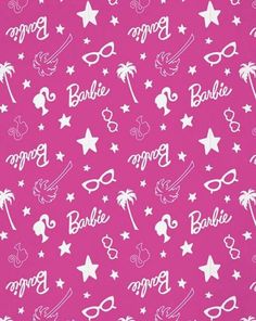 a pink background with white stars, sunglasses and palm trees in the shape of words