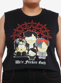 We're not vampire kids  we're fricken goth! Head down to South Park with this muscle tank top on  featuring the Goth Kids at the center and filigree in the background  plus "We're fricken goth" underneath.100% cottonWash cold; dry lowSkimmer lengthImportedModel is 5'10"Model wears size 1 Vampire Kids, Tank Top Plus Size, Goth Kids, Cartoon Tops, Muscle Tank Top, Top Plus Size, Muscle Tank Tops, Cartoon Tv, Muscle Tank