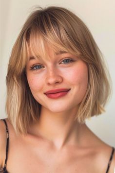 Blunt Bob Medium-Length Hairstyle with Bangs. Blonde Bob Hair Color Ideas, Straight Edge Bob Haircut, Medium Hair Haircuts For Women, Lob With Bangs Straight Hair, Haircut Ideas For Short Hair With Bangs, Straight Bob Round Face, Bob And Wispy Bangs, Taylor Swift Bob With Bangs, Straight Short Haircuts For Women