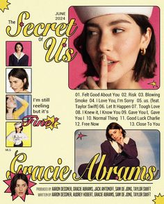 an advertisement for the secret of us with various photos and words on it, including one woman's finger to her lips